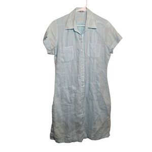 Le Gala Dress Women's Large Blue Button Up Shift Linen Short Sleeve Preppy